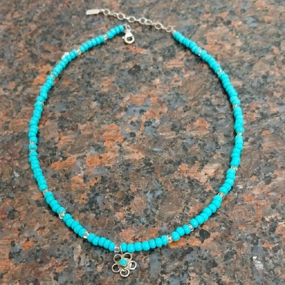 "PEYOTE BIRD" Blue and  Sterling Silver Necklace with Turquoise Beads..  EUC